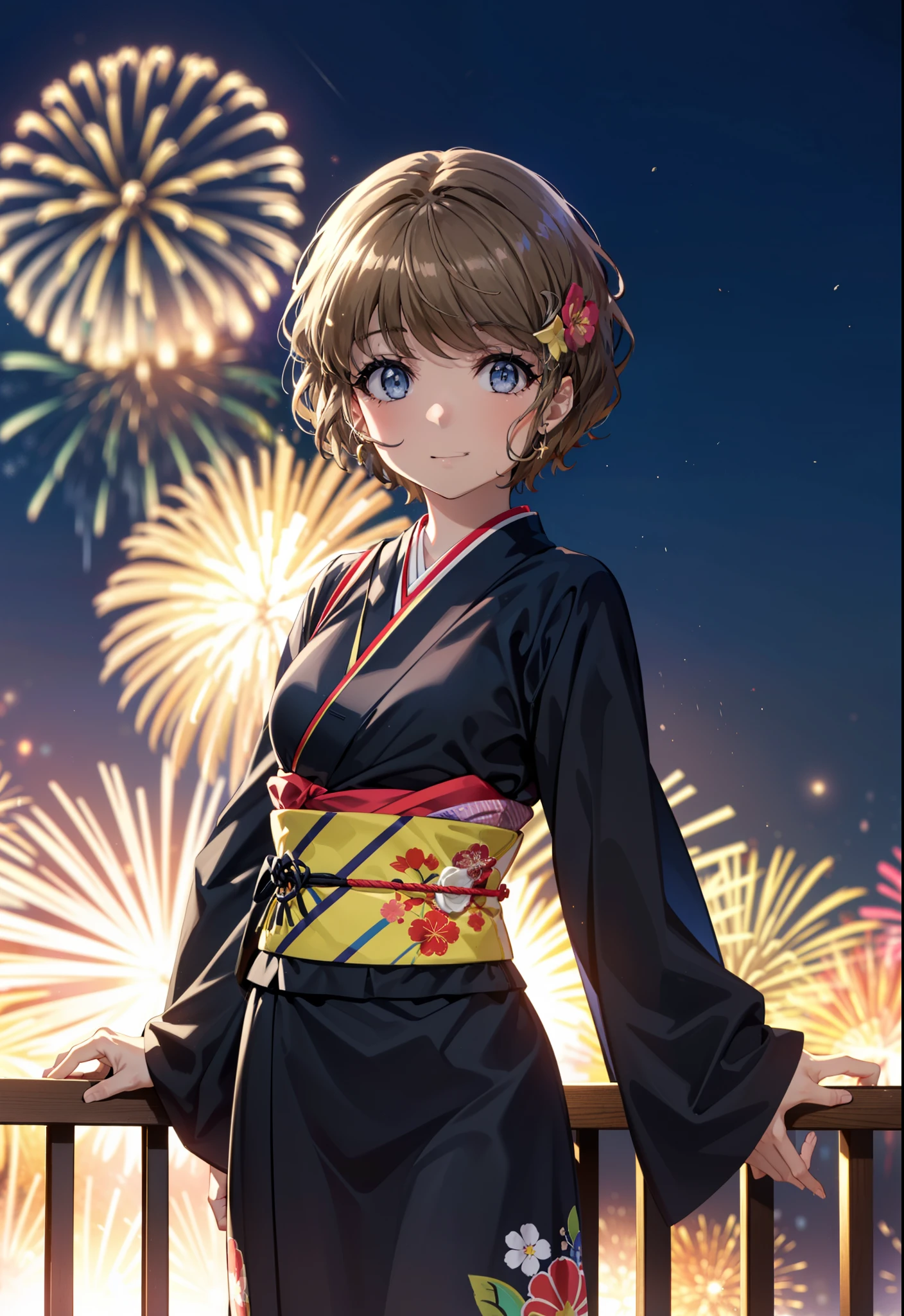 tomoekoga, Chie Koga, short hair, Brown Hair, blue eyes, Flower Hair Ornaments,smile,black kimono,Wide sleeves,日本のFestivalり,夏Festivalりの屋台,Red lantern,Fireworks in the night sky,Fireworks、The place is a fireworks display,Time is night,sunny day,turn around,whole bodyがイラストに入るように
break outdoors,Festival ,
break looking at viewer, whole body,(Cowboy Shot:1.5),
break (masterpiece:1.2), Highest quality, High resolution, unity 8k wallpaper, (figure:0.8), (Beautiful attention to detail:1.6), Highly detailed face, Perfect lighting, Highly detailed CG, (Perfect hands, Perfect Anatomy),