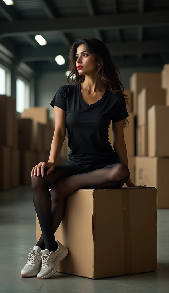 Show entire body, feet in view, gorgeous Pakistani supermodel, huge breasts , wearing tight t-shirt, athletic shirts sheer black pantyhose, sneakers, Clear eyes、sweaty skinred lipsticks, sitting on a cardboard box, warehouse
