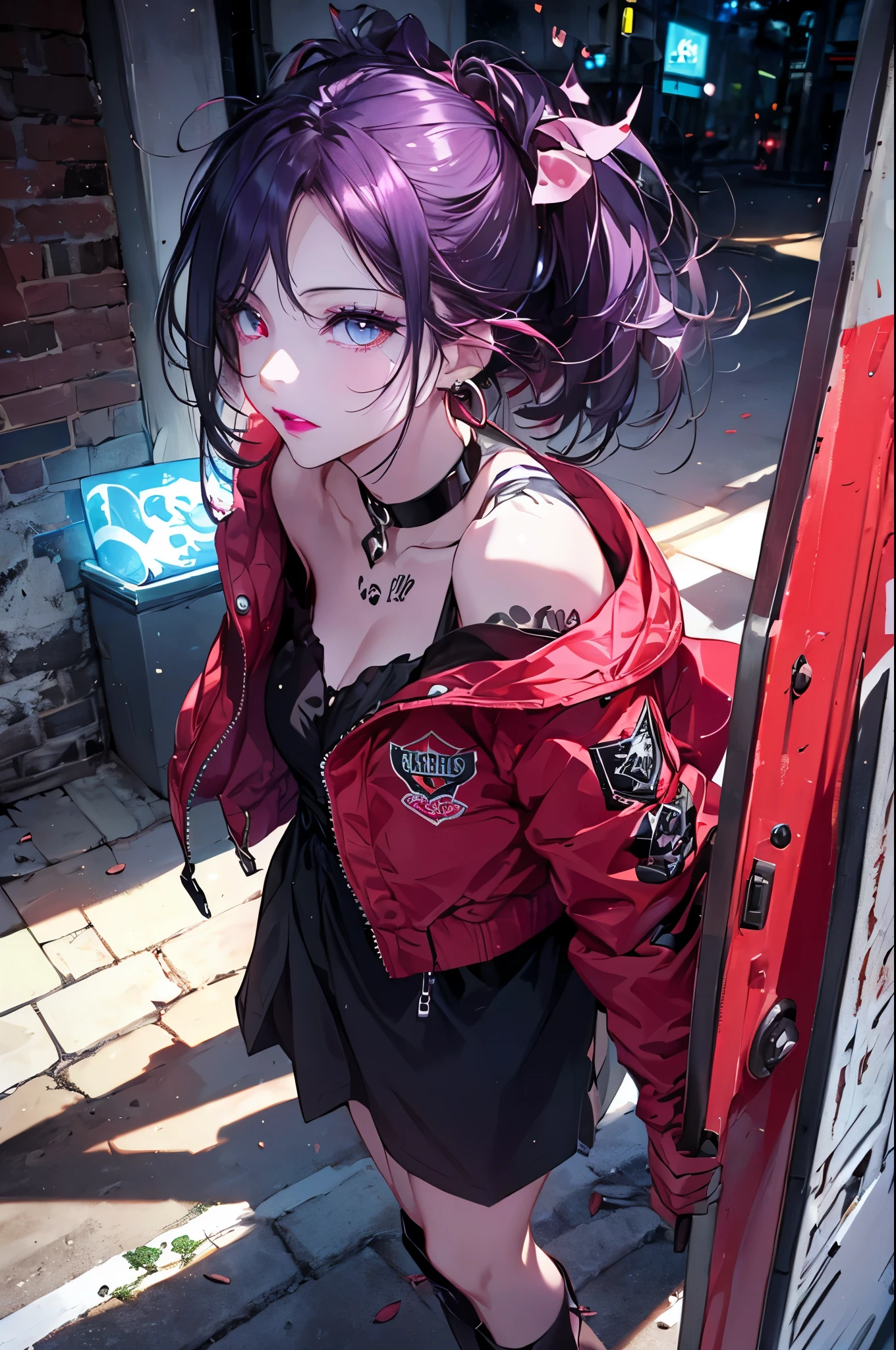 Hair above one eye, Red eyes, Clear Eyes, choker, Neon Shirt, Torn legwear, Open jacket, Against the wall, Brick wall, graffiti, Shineing grafiti, Shineing tattoos, Shine, Neon Light, Black light,Anime Style, movieポートレート写真, 1 female, 22 years ago, whole bodyエスビアン,Blue Eyes Background, Big and ample breasts, anger, (Scarlet Hair), Long Hair, Purple eyes, Wearing a short black dress, (Natural skin texture Sharp details, Surreal, (Realistic eyes, Natural skin texture, Realistic facial details), Soft and dramatic lighting, Written boundary depth, Bokeh, Sharp details, Surreal, 35mm movie, Blurred, movie,lipstick, ear piercing, eye shadow, Hoop Earrings, Red pink lips, 多色のRed eyes, Purple Theme,Wear an iridescent aura,Beautiful Eyes,Standing in front of the red gate,Bold Pose、Upward glance,Top ponytail,drooping bangs、Shooting from below、Peep、Looking straight down、Angle seen from the foot,boots,(((Shooting from various angles)),Peeking from above,whole body