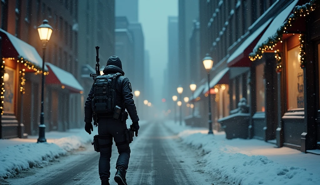 a highly detailed agent from the game the division in full combat gear on the abandoned snowy streets of downtown new york at night during the christmas season, wearing a gasmask and shooting at a hunter, cinematic action photo, award winning, dramatic lighting, gritty urban environment, photorealistic, ultra-detailed, 8k, best quality, masterpiece