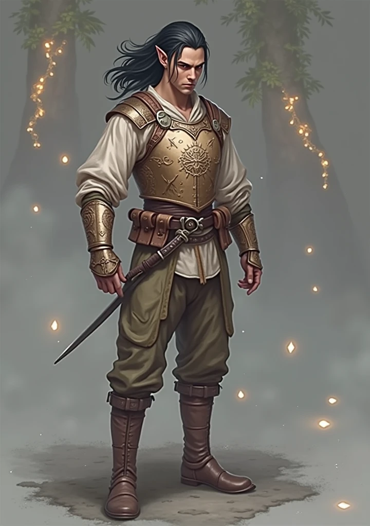 Young elf man, thin black hair, wearing leather breastplate and medieval clothes, anger, best high fantasy quality.