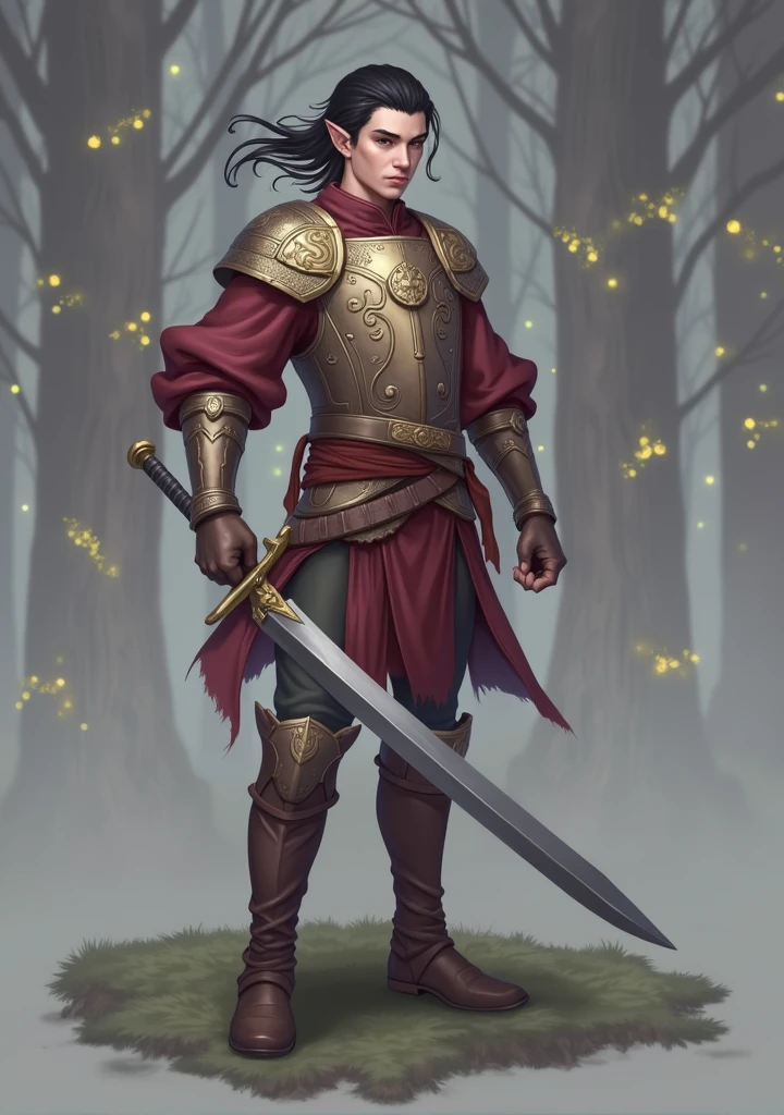 Young elf man, thin black hair, wearing leather breastplate and medieval clothes, anger, best high fantasy quality.
