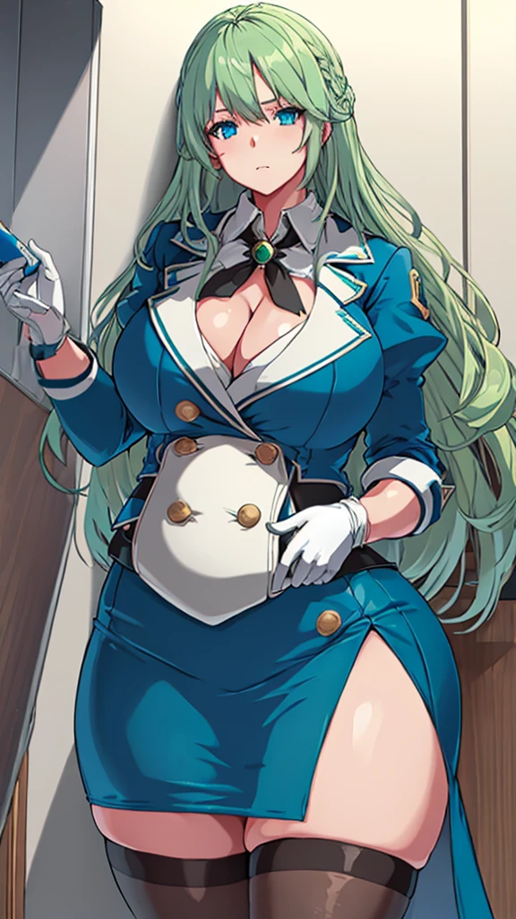 High detailed, masterpiece, High detailed, 1 girl, solo, metallic-green colored hair,, navy-blue eyes, big busty, firm plump body , BLUE jacket, white shirt, , deep cleavage, Juliet sleeves, pencil skirt, black thighhighs, white gloves, Very prideful expression
