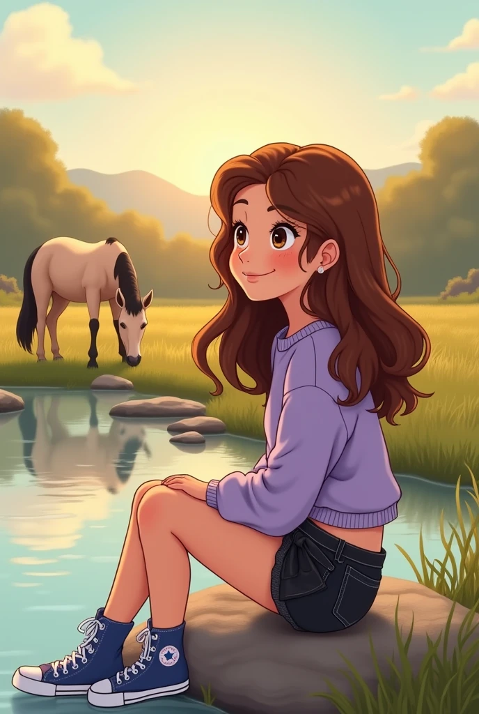 Une adolescente, des cheveux chatains mi longs et ondulés, un nez qui pointe vers le ciel, des paumettes rougies, des yeux marrons qui est assise de profile sur une pierre au bord d'une riviere. Elle a des hanches larges, porte un pull court et couleur lilas, un short en jean noir, des chaussures bleues ciel et blanches montantes. Elle regarde vers la gauche, donc on la voit de profil. Elle souri. En fond, il y a le lever du soleil. Ainsi qu'un cheval qui broute dans les herbes derriere. Le cheval juste une simple cordelette autour de son cou. C'est un cheval beige. Il a une tache en forme de coeur sur la croupe. Sa criniere est courte et noire et blanche.
On les voit de loin.
C'est un dessin simple