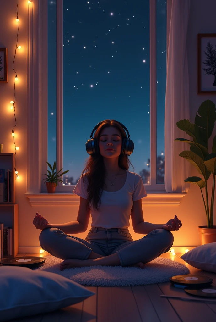 night、Listen to music in a cozy room, Using headphones, 2D-style animation, Lo-Fi, High resolution, Dark Environment
