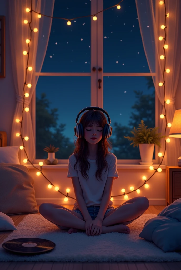 night、Listen to music in a cozy room, Using headphones, 2D-style animation, Lo-Fi, High resolution, Dark Environment