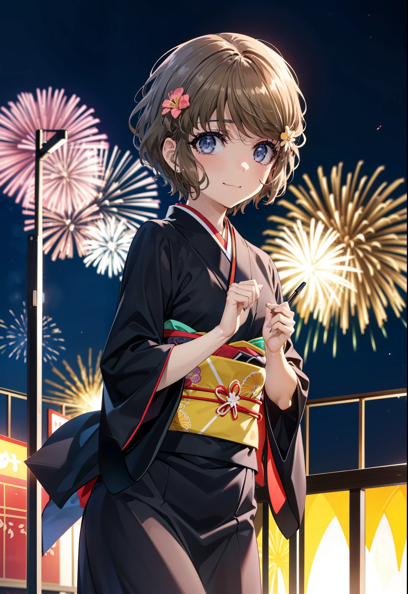 tomoekoga, Chie Koga, short hair, Brown Hair, blue eyes, Flower Hair Ornaments,smile,black kimono,Wide sleeves,日本のFestivalり,夏Festivalりの屋台,Red lantern,Fireworks in the night sky,Fireworks、The place is a fireworks display,Time is night,sunny day,turn around,whole bodyがイラストに入るように
break outdoors,Festival ,
break looking at viewer, whole body,(Cowboy Shot:1.5),
break (masterpiece:1.2), Highest quality, High resolution, unity 8k wallpaper, (figure:0.8), (Beautiful attention to detail:1.6), Highly detailed face, Perfect lighting, Highly detailed CG, (Perfect hands, Perfect Anatomy),