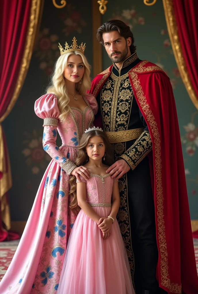 A queen with light blonde hair, blue eyes and pink and blue clothing tones And a king with brown hair, dark brown eyes and red and black clothing tones And a princess with brown hair, dark brown eyes and light pink and light blue clothing tones