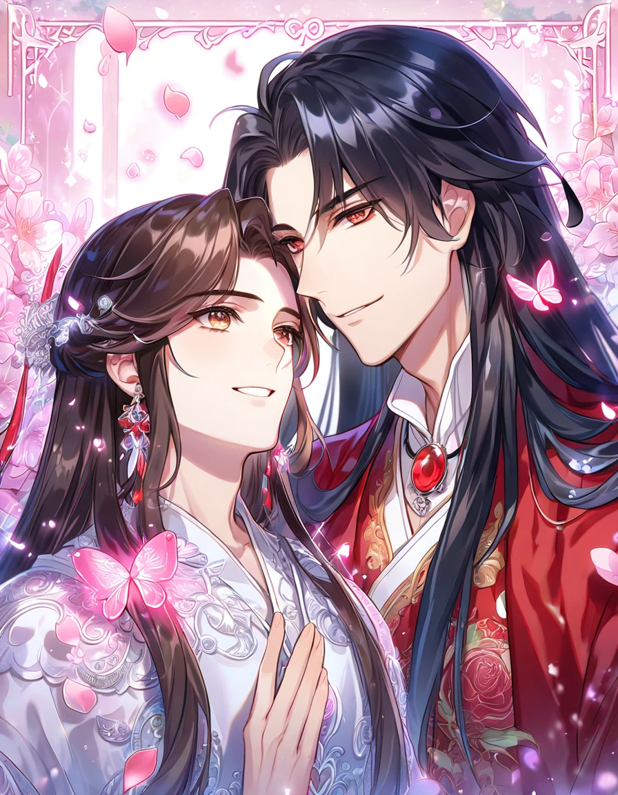 absurdres, highres, ultra detailed, HDR, master piece, Xie Lian, brown hair, long hair, expressive brown eyes, white clothes, Hua Cheng, black hair, long hair, expressive red eyes, red clothes, Heaven Official's Blessing, fantasy, glittering pink butterflies, petals, magical, two sexy men together, handsome, gay couple, yaoi, very detailed eyes and face, glittering, pink flowers, pink shining fireflies, pink fire, crystal glass magic, sensual, pink rain, in love, smiling