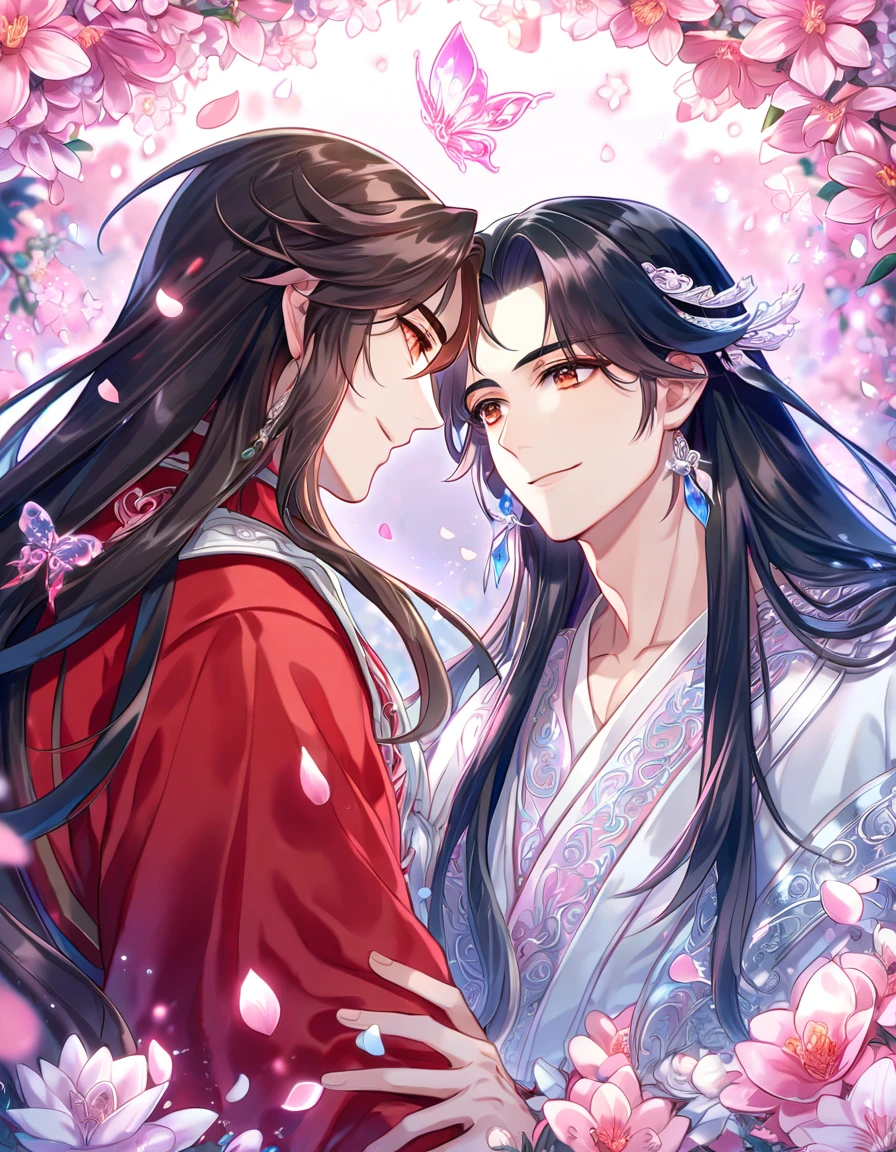 absurdres, highres, ultra detailed, HDR, master piece, Xie Lian, brown hair, long hair, expressive brown eyes, white clothes, Hua Cheng, black hair, long hair, expressive red eyes, red clothes, Heaven Official's Blessing, fantasy, glittering pink butterflies, petals, magical, two sexy men together, handsome, gay couple, yaoi, very detailed eyes and face, glittering, pink flowers, pink shining fireflies, pink fire, crystal glass magic, sensual, pink rain, in love, smiling