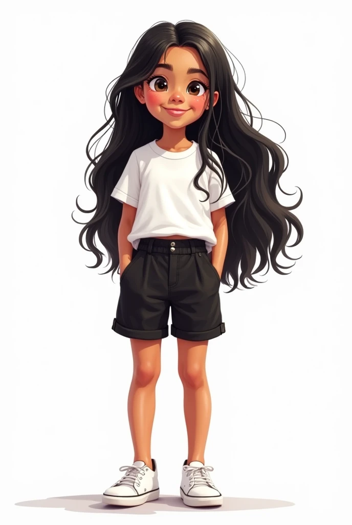 
  illustration of an avatar of an 8 year old Latino girl named lucy with long black beautiful hair ,wearing a white top and black shorts with white sneakers ,plain white background, isolated on white