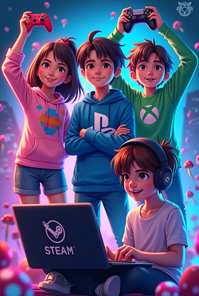 Une fille avec le logo Playstation, un garçon avec le logo Xbox, une fille avec le logo Nintendo, et un garçon avec le logo steam pourtant sur ses mains un ordinateur portable et un casque sur la tête anime