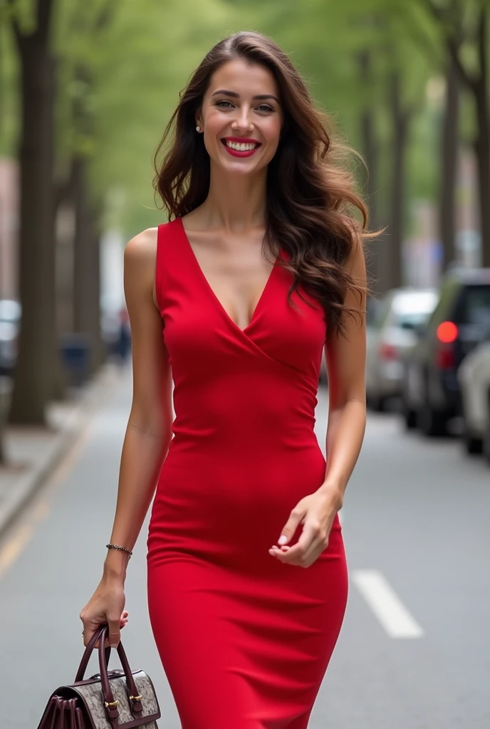 a beautiful woman walking down the street in a red dress, wavy hair and her mouth has red lipstick, attractive brunette woman, she has a bag in her right hand, smile, cheerful woman, Beautiful smile, in her other left hand she is carrying a newspaper.