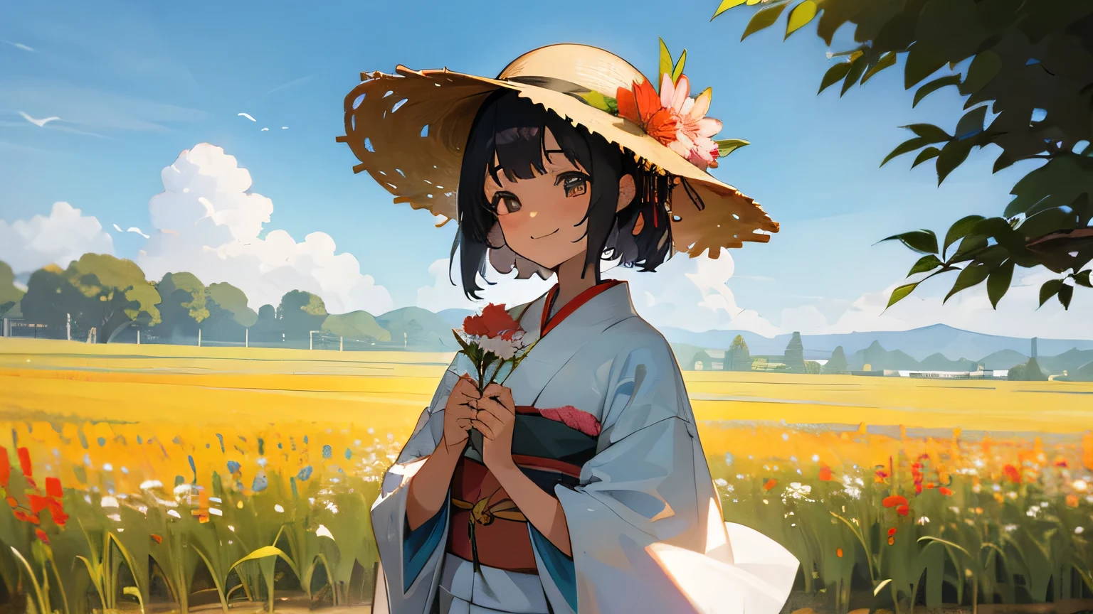 summer,nature,smile,kimono,japanese girl,holding flowers,straw hat,flower field