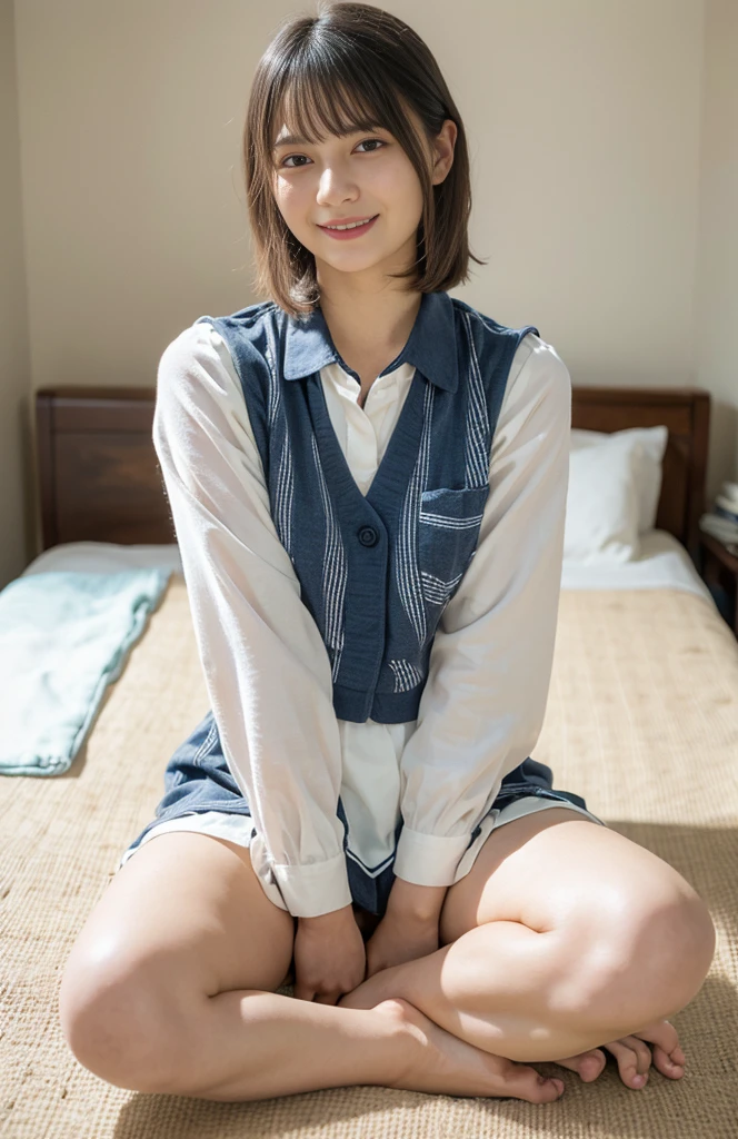 alone、Natural body shape、White skin、Natural Makeup、Black Hair、bangs、Medium Short Hair、、(expensive 、barefoot、White blouse、Blue plaid pleated skirt)、、(Spread your legs:1.3)、((The upper body is wearing a uniform))、((Looking into the camera))、(((Full body photo)))、(((Exposing your thighs)))、Bedroom、On the bed、Are sleeping、Focus on the crotch、((barefoot:1.2))、innocent、、A little smile、Face without makeup、Perfect Face、Beautiful thighs thighs、((Small head))、Analog Film、Official Art、relax、Photo taken by lover、Selfie、Thighs are shown、The sunlight is hitting my face and body.