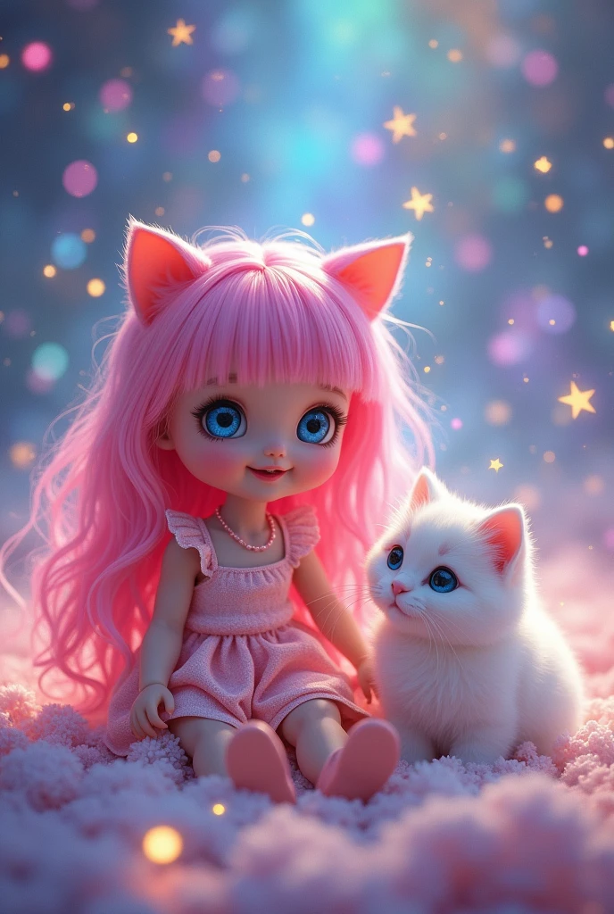 Little doll using cat ears with pink hair smiling looking to the front with a white cat with a magic background