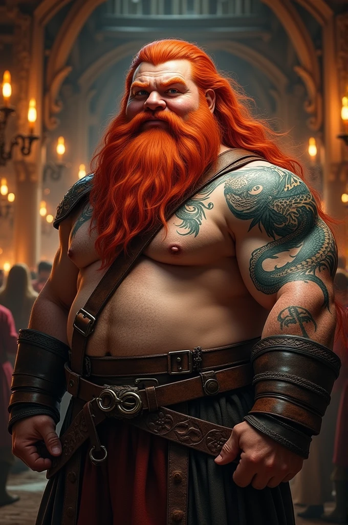 short, stocky, and muscular, with long red hair and with red beard a broad, good-natured face with dragon tatto
