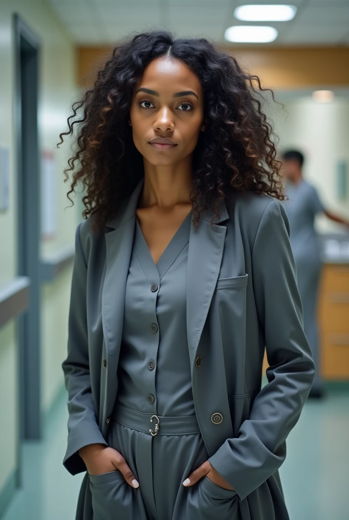 25 year old black woman. Round face and upturned nose. eyes black. Formal gray clothing and doctor's coat.