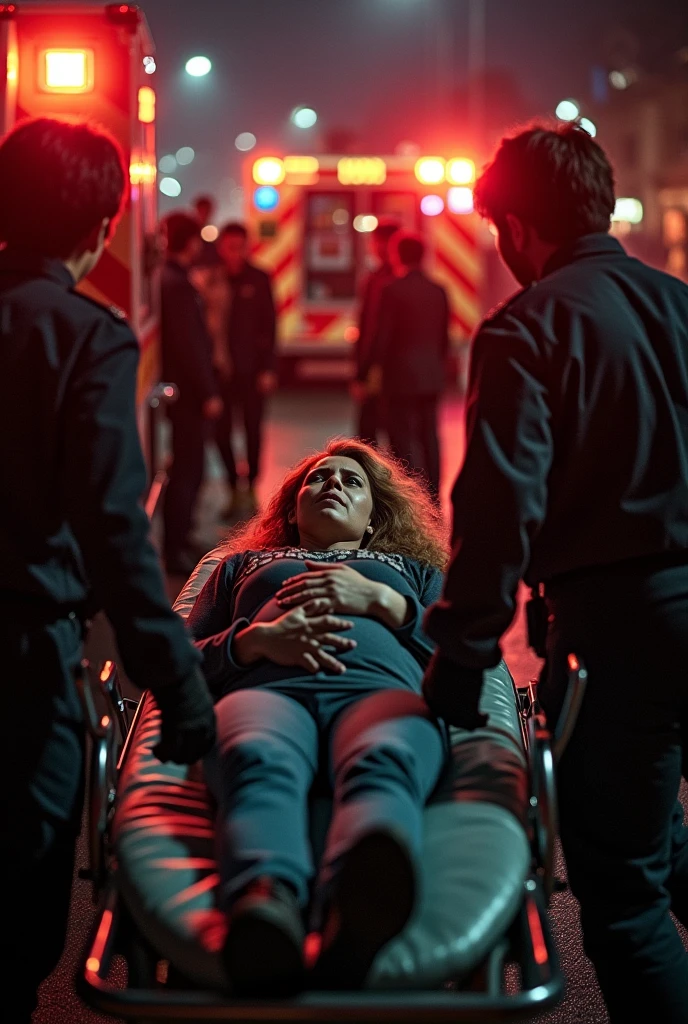 Injured pregnant woman being carried on a stretcher to an ambulance 