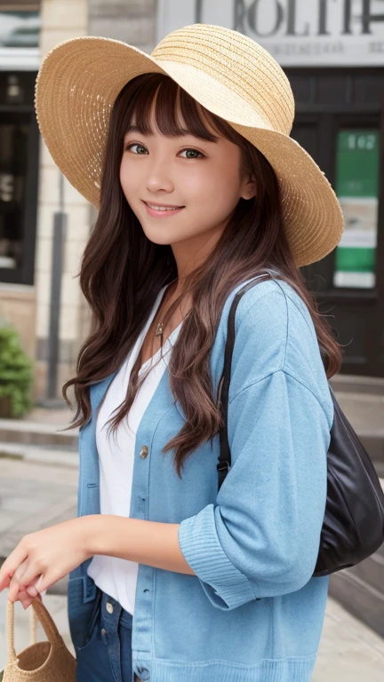Highest quality、masterpiece、Ultra-high resolution、(Realistic:1.4)、Glowing Skin、Glowing Skin、RAW Photos、1people、１people々、一peopleで、18-year-old、Whole Body Ezbian、double eyelid、Loose and fluffy perm、Medium Long Hair、White skin、smile、優しいsmile、Straw hat、Spring Clothes、city

