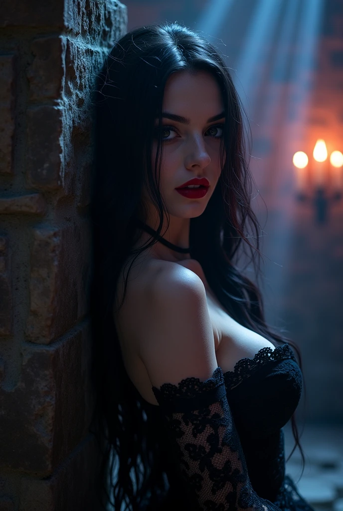 Image Quality:** High-resolution image (4K) to capture fine details. **Lens Used:** 85mm f/1.4 lens for a stunning bokeh effect. **Global Lighting:** Dim, atmospheric lighting with a moody blue and purple palette, enhancing the eerie ambiance. **Theme and Feel:** The theme is “Seductive Darkness,” combining elements of fantasy and eroticism, evoking intrigue and danger. **Subject Description:** A luscious vampire with pale, flawless skin and deep crimson lips, her long, flowing black hair cascading down her shoulders. She wears stclings, dark lace corset with intricate patterns that accentuates her curves and a flowing black hair that adds to her mystique. **Location Description:** The vampire stands in a shadowy, gothic castle chamber, illuminated by flickering candlelight. Dark stone walls and cobwebs enhance the haunting atmosphere. **Colors and Textures:** Rich blacks and deep reds dominate, with the soft lace creating a contrast against the rough textures of the stone. **Emotion:** The image should evoke feelings of danger, seduction, and supernatural allure—capturing the essence of a captivating and powerful being. **Pose:** The vampire leans erotic against an ornate stone pillar, gazing seductively at the viewe