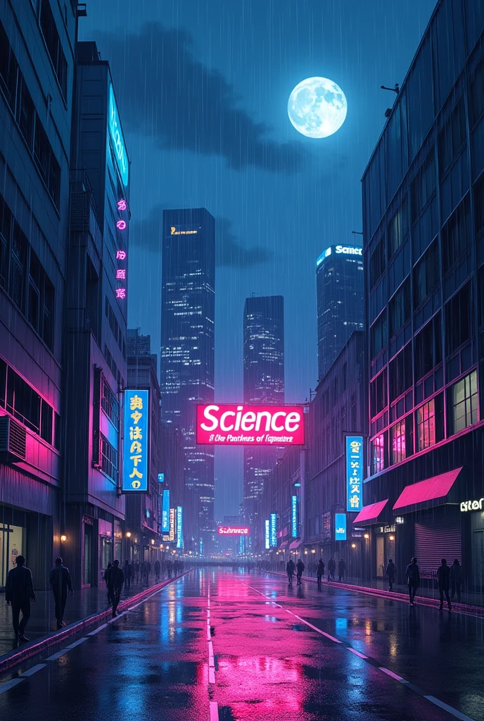 Make a science club logo with the slogan Science is the Light in the Darkness of Ignorance make the theme rainy midnight tokyo vibe make the the buildings with sigh say science club and the slogan