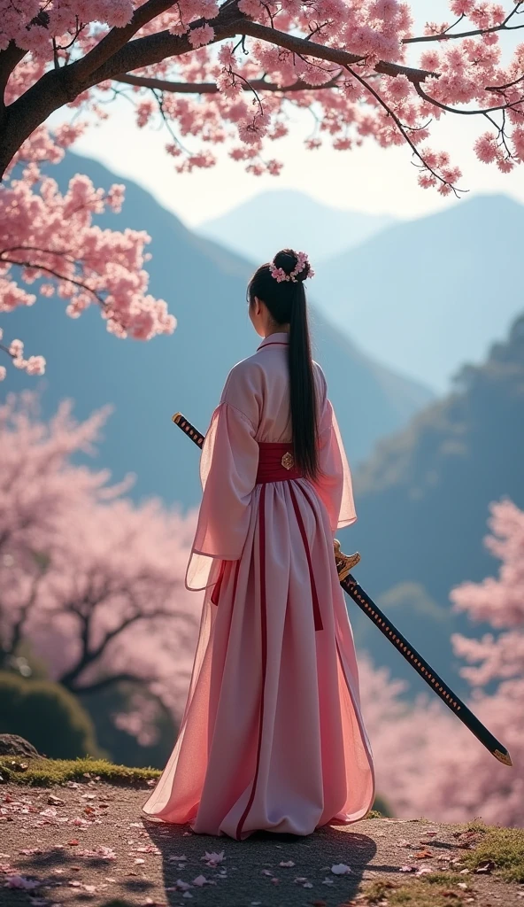 One person, alone, warrior, Put your hair up, kimono, kimono, Large Breasts, In the same way, or, From the side, Iaidou, knife, Holding a sword, Ready to draw, sheathに収められた, 抜knife, sheath, Combat Stance, battoujutsu stance, Outdoor, Speckled sunlight, Grass, wood, Cherry Blossom, Falling petals, Fallen leaves, Mountain, Depth of written boundary, Movie angle, (masterpiece), (Highest quality), (Very detailed), so beautiful, figure, Perfect composition, Intricate details,