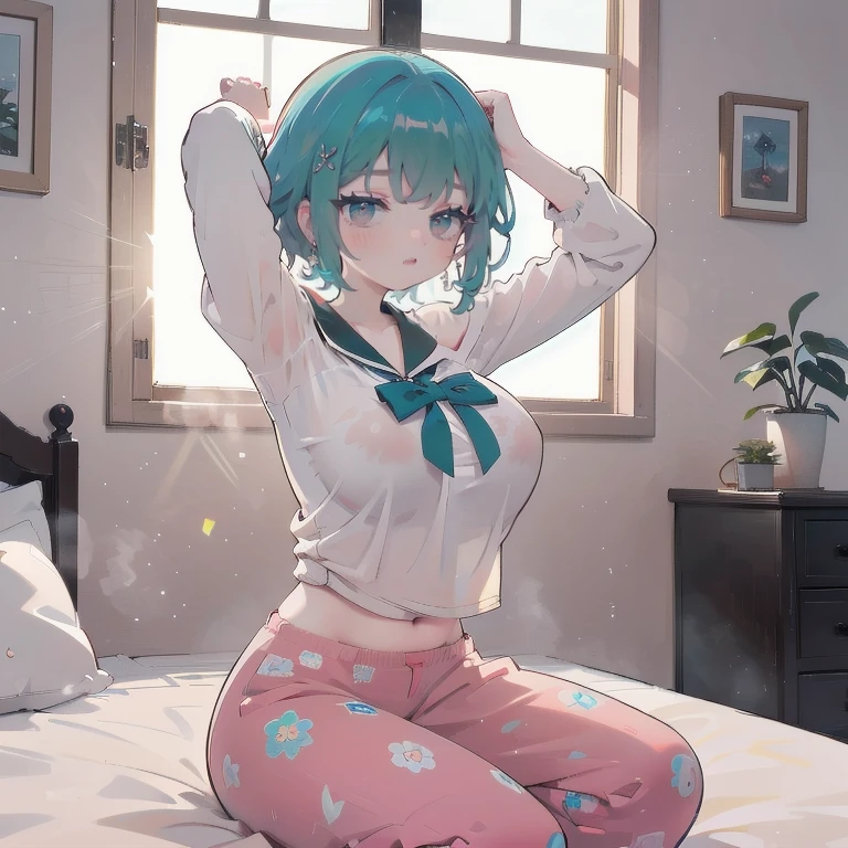 Anime Kawaii sexy Perfect Slim sensual body large breast and huge thighs, An intricate and highly detailed illustration of anime (Young girl) (masterpiece:1.2), Detailed fingers, Beautiful woman, Sitting on the bed, She is wearing a loose off-the-shoulder top., Pajama pants, Short Curly Hair, indoor, Soft lighting, Background plants, Window with sunlight, Cozy rooms, Relaxed pose, Intricate details, Warm colors, Japanese schoolgirl, stretching arms upwards, yawn loudly