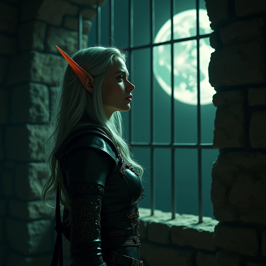 An elven female thief gazing at the moon from within a confined prison cell.、Dungeons&Dragons
