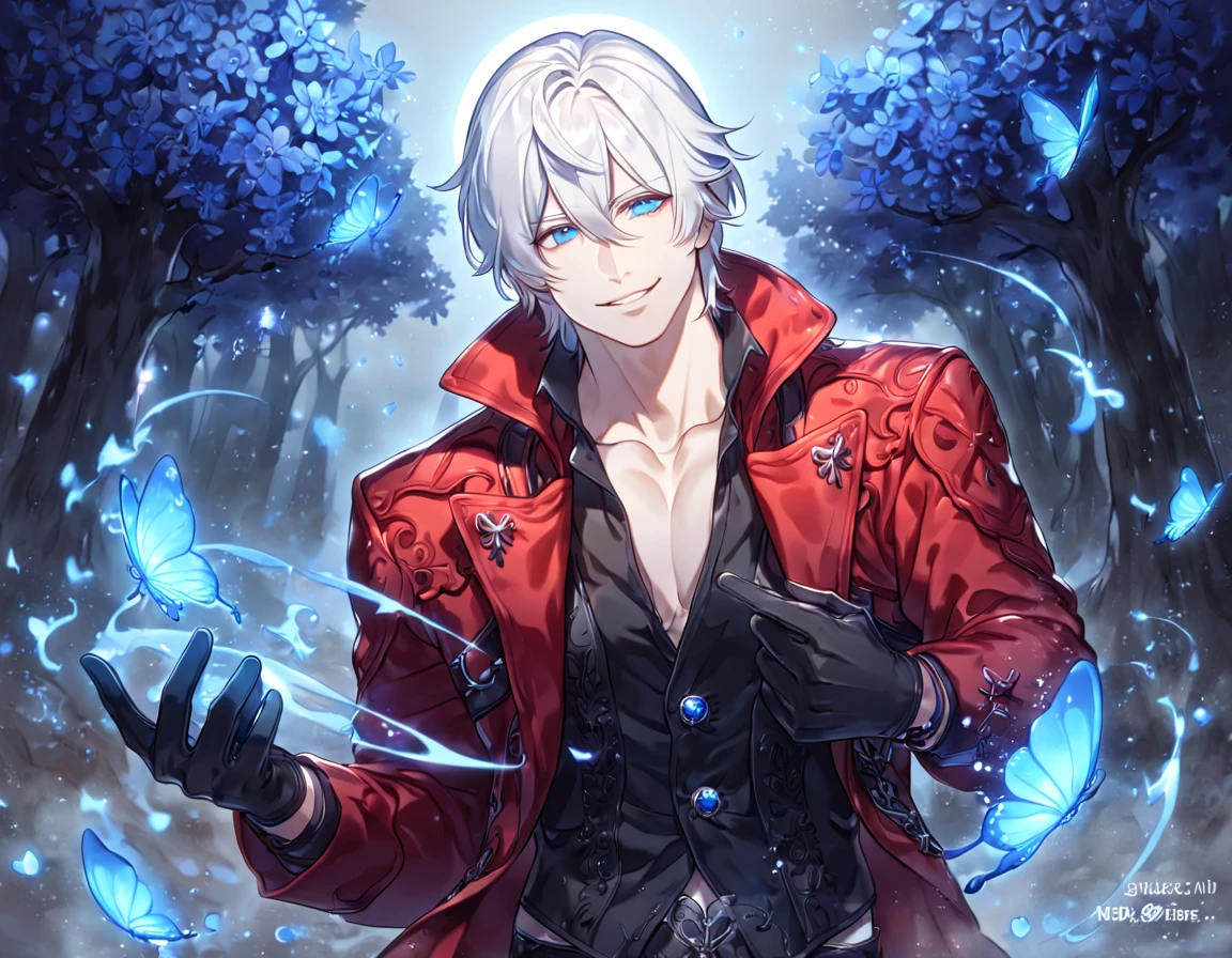 absurdres, highres, ultra detailed, HDR, master piece, best quality, Dante, white hair, expressive blue eyes, Devil May Cry, solo, sexy man, handsome, sensual, smile, manly man, red coat, black vest, unbuttoned, black gloves, magical, fantasy, under a blue tree, blue flames, blue moon, blue fireflies, blue roses, blue butterflies, glass magic