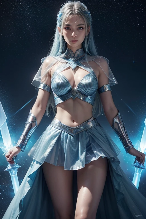 Woman:

tenue: missilesdura leve e fluida em azul celeste, with silver details that imitate the brightness of the stars. The armor skirt is made of layers of translucent fabric.
missiles: Crystalline water sword that can form liquid shields.
Aura: Refreshing and inspiring, with a sense of peace and clarity.