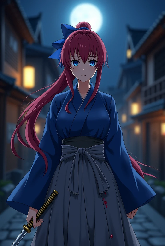 An anime woman in a kimono, with blue eyes, long red hair in a ponytail, a grey hakama, and a blue robe. She has a katana at her left hip, is flat-chested, and has a blue ribbon in her hair. It is nighttime, and the streets of Kyoto are very dark. She is in the midst of a fight, covered in the blood of her enemies. The woman, a swordsman named Hiten Mitsurugi-ryu, has her head down and is biting her lower lip. Her eyes are devoid of life, and she stands tall.