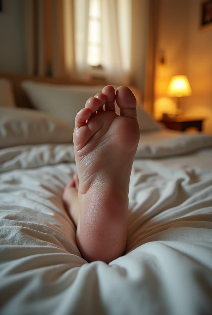 A photo of a broken and swollen foot that looks real, from the front, in my house bed 
