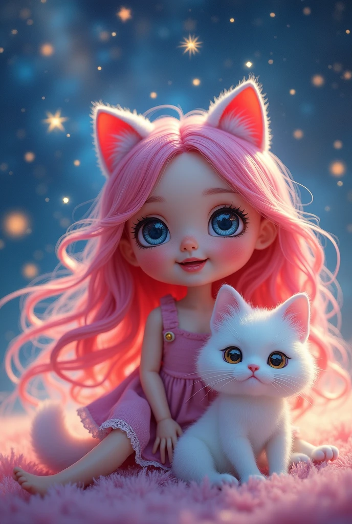Little doll using cat ears with pink hair smiling looking to the front with a white cat with a magic background