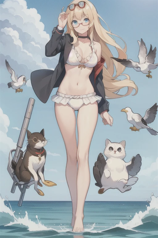 Hood \(warship girls r\),((masterpiece)),(((best quality))),((ultra-detailed)),((illustration)),((disheveled hair)),((frills)),(1 girl),(solo),1girl, ahoge, animal, animal on arm, animal on head, animal on shoulder, animalization, bangs, bare legs, barefoot, bespectacled, bikini, bird, bird on hand, bird on head, bird on shoulder, black cat, blonde hair, blue eyes, breasts, bunny, canvas \(object\), cat, cat on head, chair, chick, chicken, choker, chomusuke, clothed animal, creature, crow, dog, dolphin, dove, duck, eagle, feathers, feet, ferret, fox, full body, glasses, hair ornament, hamster, holding animal, holding cat, jacket, jewelry, leash, leg up, long hair, long sleeves, looking at animal, looking at viewer, medium breasts, mouse, multicolored hair, navel, official alternate costume, on head, open clothes, open jacket, otter, owl, parrot, penguin, pet, petting, pigeon, puppy, red-framed eyewear, round eyewear, seagull, seal \(animal\), see-through, semi-rimless eyewear, smile, sparrow, squirrel, stomach, sunglasses, swimsuit, thighs, under-rim eyewear, very long hair, white bikini, white cat,
Moderate legs,