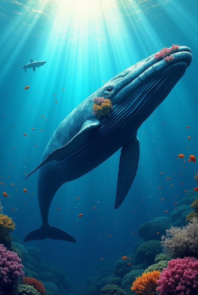 A whale hurt and sad because of coral embedded in its fin animated photo for girls