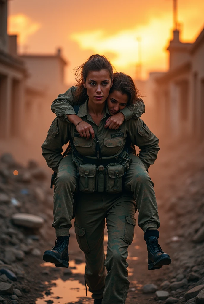 A hot female soldier carrying an injured male soldier to safety