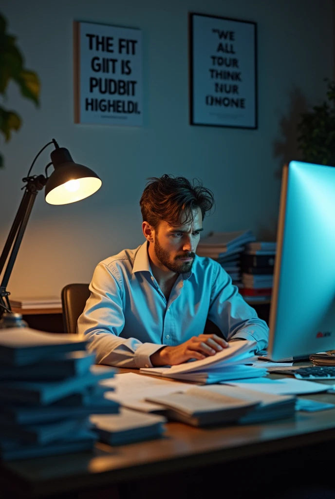 Create an image of a man sitting in his office surrounded by papers and with his computer screen in front of him with a tired expression.