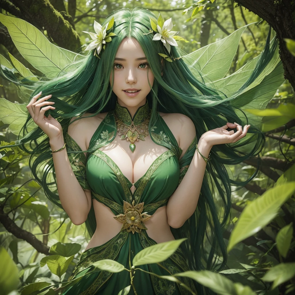 "A Leaf Fairy, a mystical creature connected deeply with nature and the wind. She has flowing green hair, delicate wings resembling leaves and flowers, and eyes that exude the vitality of nature. Though she appears to be in her early 20s, her true age is unknown, adding to her enigmatic aura. She is dressed in modest, plant-based clothing that emphasizes her close bond with the earth. Her expression is always gentle and calm, with a motherly smile that radiates warmth and serenity. New Leaf Fairies emerge from the ancient trees and fertile ground within lush forests, continuing the cycle of life in harmony with the natural world."