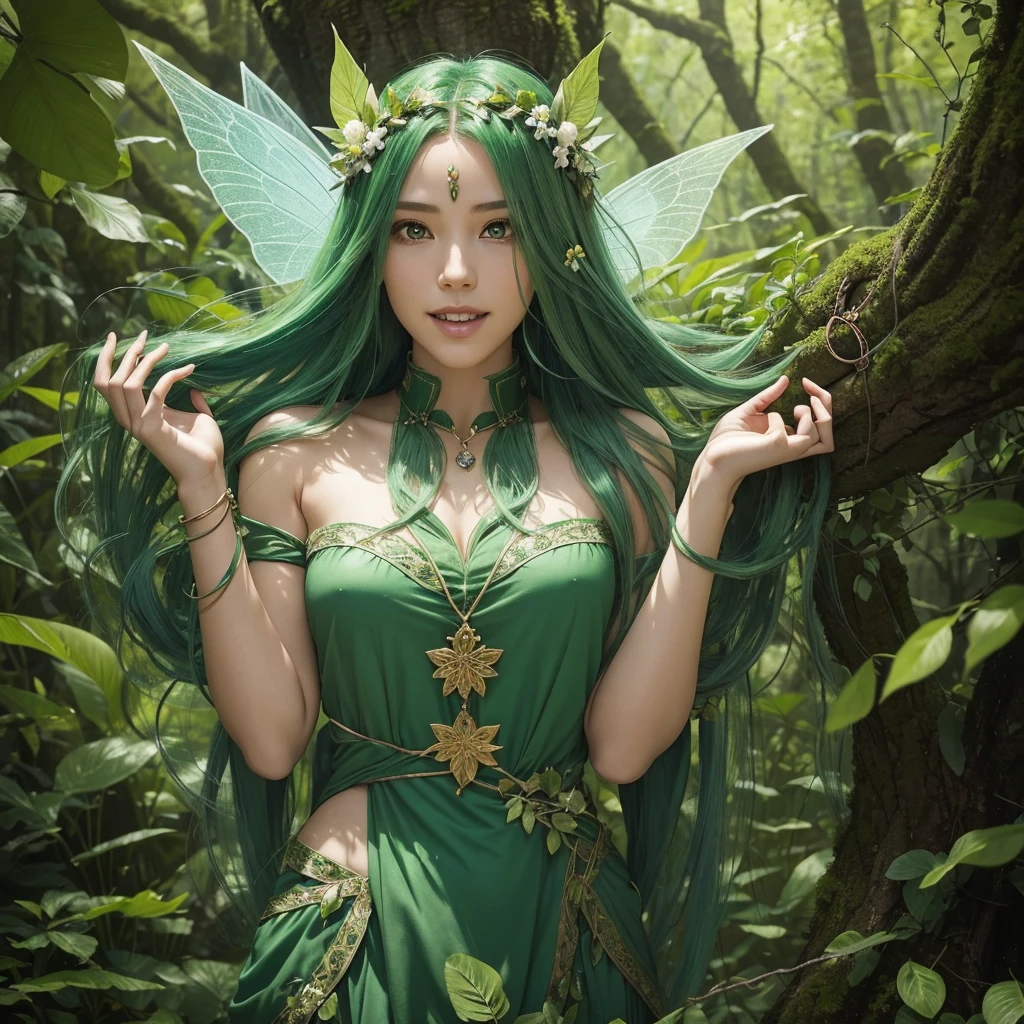 "A Leaf Fairy, a mystical creature connected deeply with nature and the wind. She has flowing green hair, delicate wings resembling leaves and flowers, and eyes that exude the vitality of nature. Though she appears to be in her early 20s, her true age is unknown, adding to her enigmatic aura. She is dressed in modest, plant-based clothing that emphasizes her close bond with the earth. Her expression is always gentle and calm, with a motherly smile that radiates warmth and serenity. New Leaf Fairies emerge from the ancient trees and fertile ground within lush forests, continuing the cycle of life in harmony with the natural world."