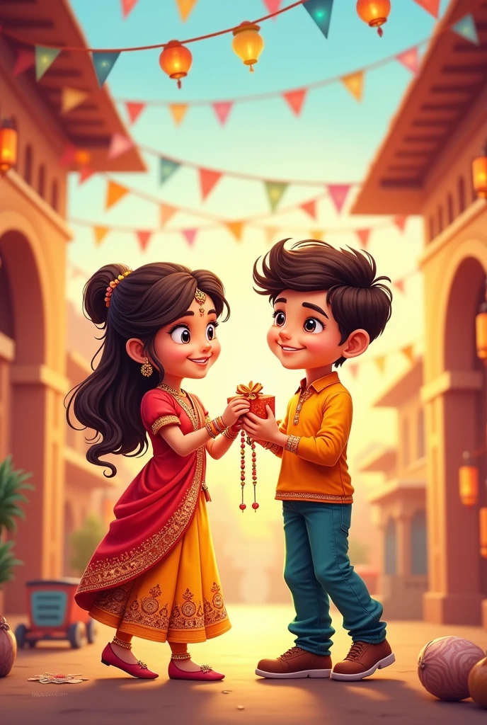 Imagine happy rakshabandhan brother and sister cartoon whith rakhi and gift