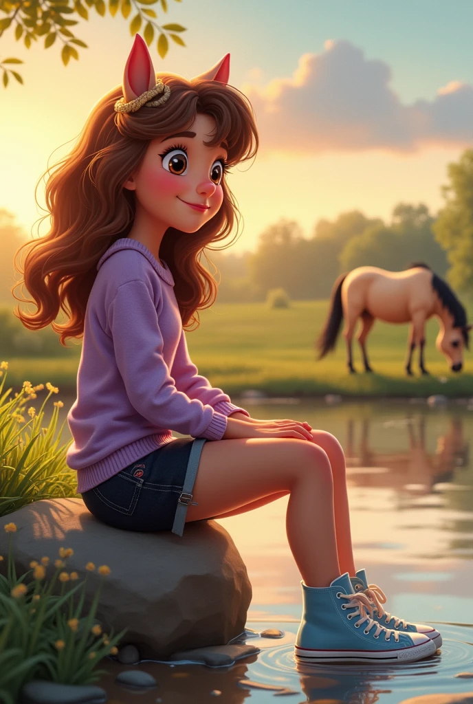 Une adolescente, des cheveux chatains mi longs et ondulés, un nez qui pointe vers le ciel, des paumettes rougies, des yeux marrons qui est assise de profile sur une pierre au bord d'une riviere. Elle a des hanches larges, porte un pull court et couleur lilas, un short en jean noir, des chaussures bleues ciel et blanches montantes. Elle regarde vers la gauche, donc on la voit de profil. Elle souri. En fond, il y a le lever du soleil. Ainsi qu'un cheval qui broute dans les herbes derriere. Le cheval juste une simple cordelette autour de son cou. C'est un cheval beige. Il a une tache en forme de coeur sur la croupe. Sa criniere est courte et noire et blanche.
On les voit de loin.
C'est un dessin style disney