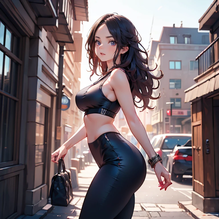 Anime Kawaii sexy Perfect Slim sensual body large breast and huge thighs, An intricate and highly detailed illustration of anime (Young girl) a girl walking in a city, wearing tight leggings that show off her large butt, leggings visible lines, frontal view, looking at the camera, sensual expression, (best quality,4k,8k,highres,masterpiece:1.2),ultra-detailed,(realistic,photorealistic,photo-realistic:1.37),hyperrealistic,extremely detailed face and body, detailed eyes and lips, flawless skin, fashionable outfit, natural lighting, vibrant colors, cinematic composition, dramatic atmosphere
