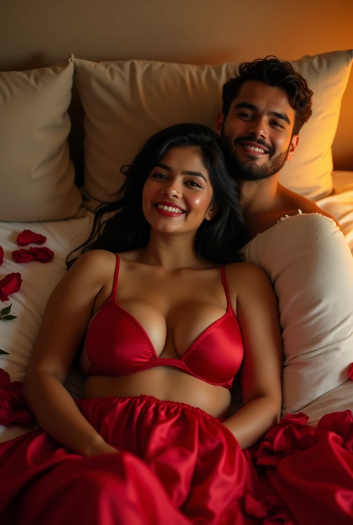 A beautiful gorgeous plump Indian 45-year-old woman wearing a Red thin bra and red satin underskirt , long hair, huge breasts, hot body curves, smiley face, white skin, laying on bed with rose petals with 21 years old handsome man