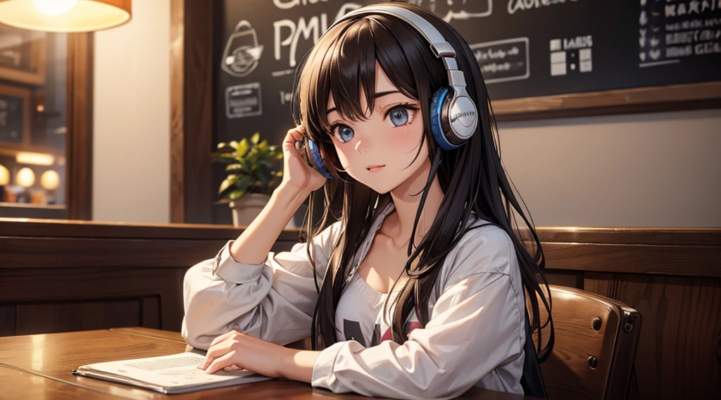 Girl with headphones enjoying music in a cafe I am studying Emphasize a little bit of the chest