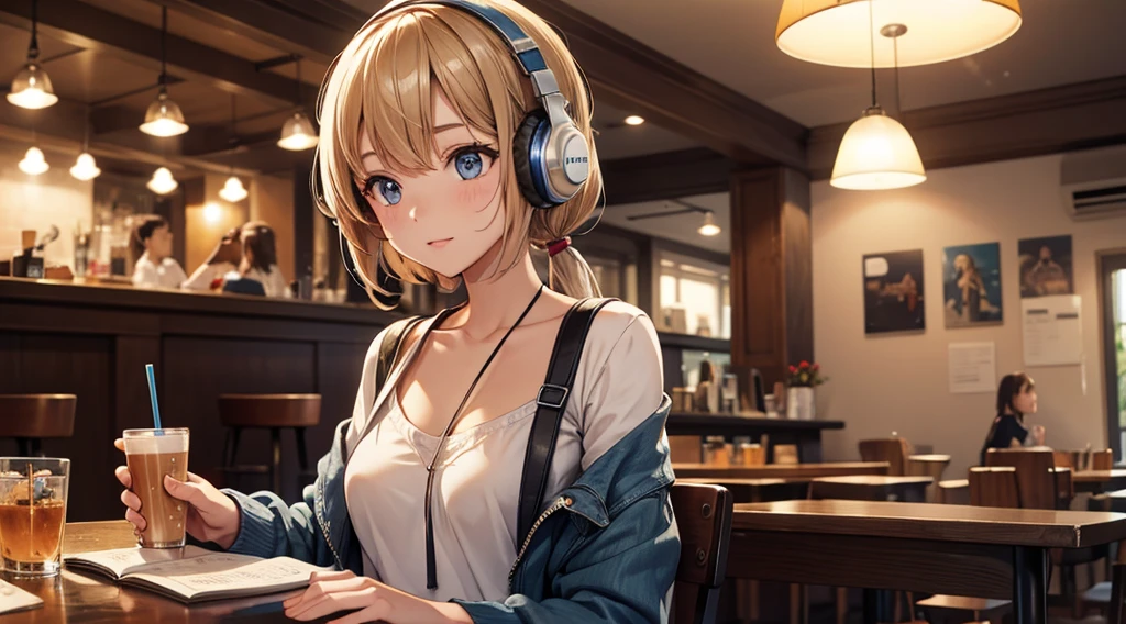 Girl with headphones enjoying music in a cafe　I am studying　Emphasize a little bit of the chest