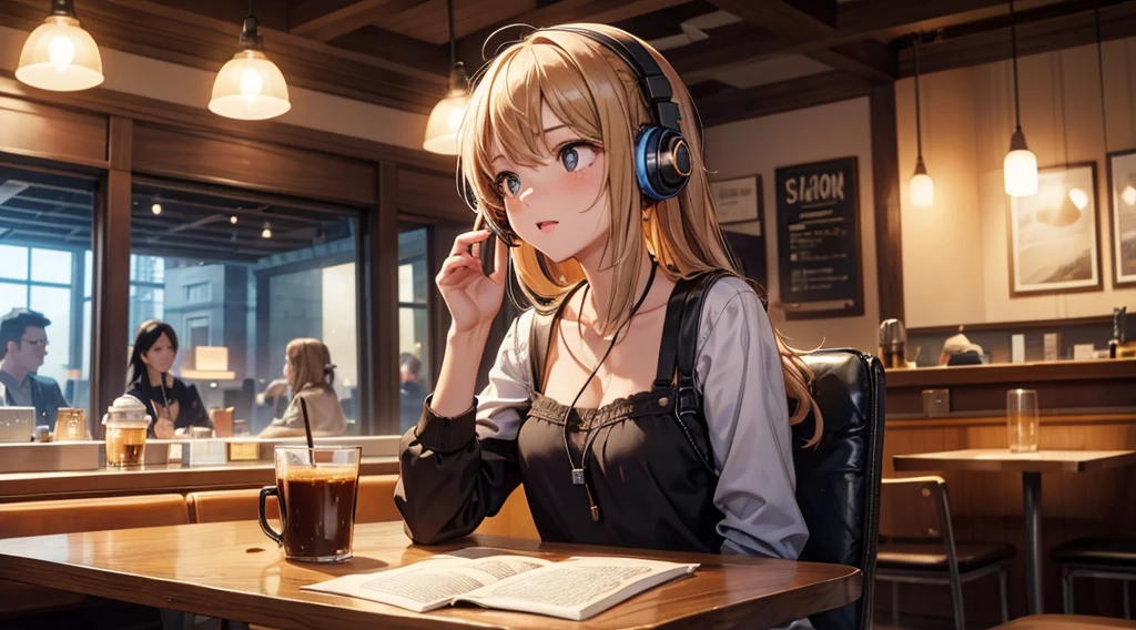 Girl with headphones enjoying music in a cafe I am studying Emphasize a little bit of the chest