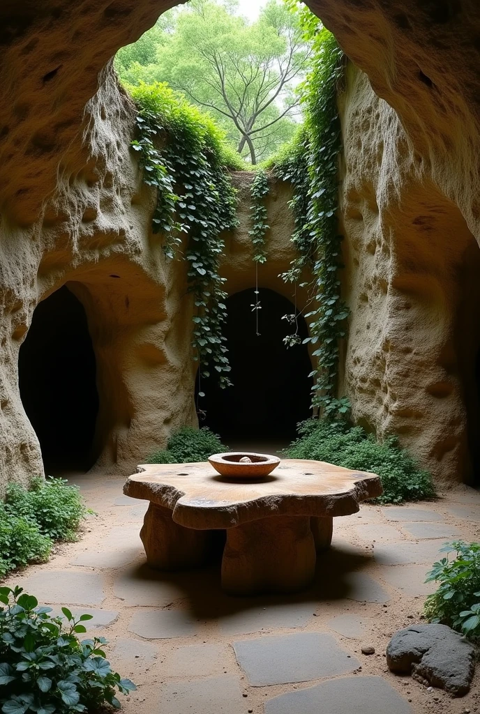 The cave is completely natural, without any human intervention. The walls and floor are made of stone. There are two openings in the side walls: one on the right and one on the left. The other opening in the corner to the right (it's not the same, there are 3 entrances) leads to a staircase that descends to another level. In the center of the cave,, there is a wooden table, vines and creepers, everything made with materials found in nature made by human hands.