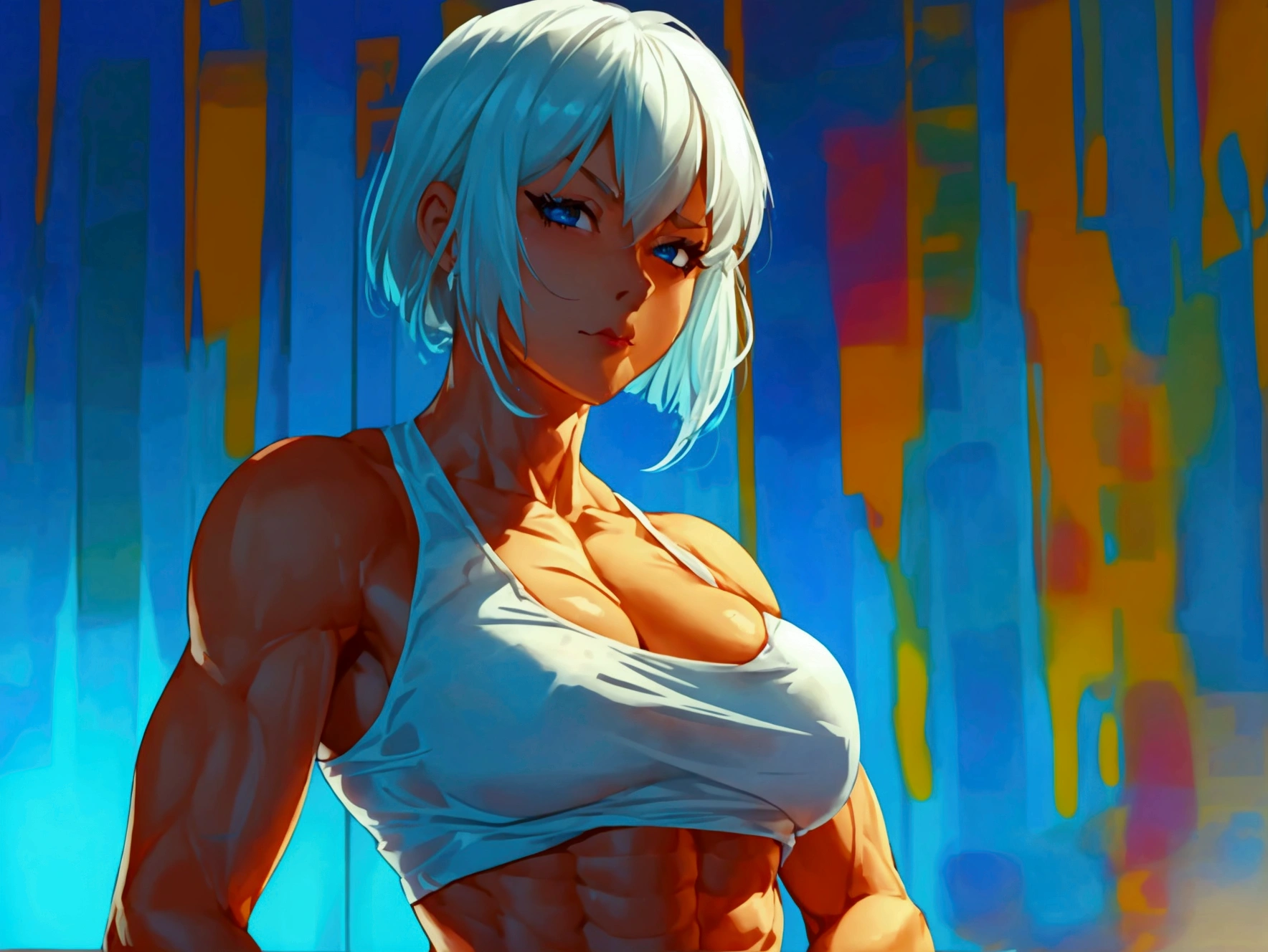 Tall, very muscular, blonde woman, wearing a white top written "#GYMMOMMY", black shorts, double biceps pose, blue background, black letters in the background, text in the background "Death By Snu Snu!", seductive face, manga artwork , anime style, great color contrast