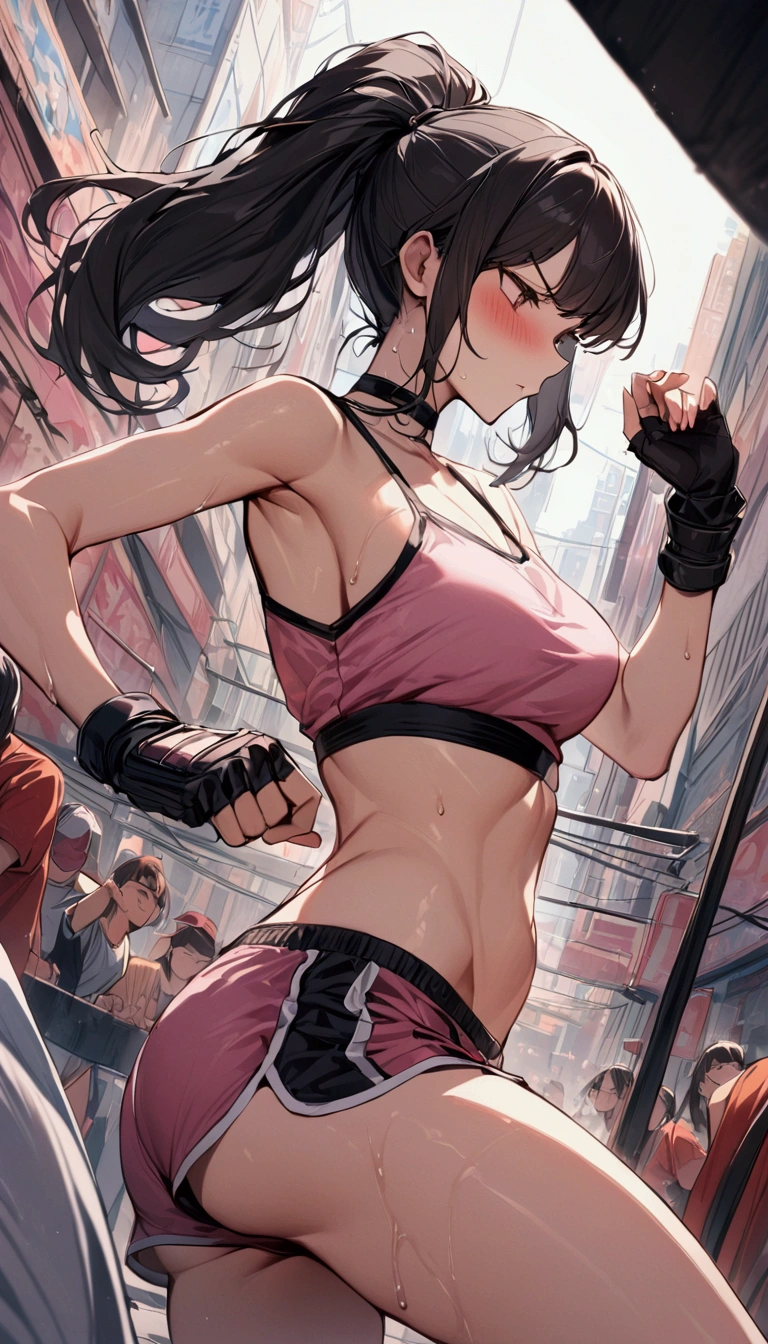 {{masterpiece}}, {{{Highest quality}}},{{Very detailed}}{{female martial artist}},{{Female fighters are sparring in the ring and struggling.}},{{during a match}},solo,1girl, {{Very slim legs:1.2}},slim body,{{}},{{}},Mature Women,Dynamic composition、Dutch Angle,from side,Focus on thighs,,v-shaped eyebrows.profound,Bad mood,blush,Sweat,{{clavicle:1.4}},{{}},,choker,,,,black fingerless gloves,dolphin shorts, Pink camisole, long hair,ponytail Blunt bangs,high-cut sneakers,{{On the ring:1.4}},Small crowd outside the ring,Small outdoor martial arts events